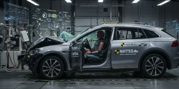 Advanced vehicle undergoing NHTSA safety crash testing in a laboratory setting.