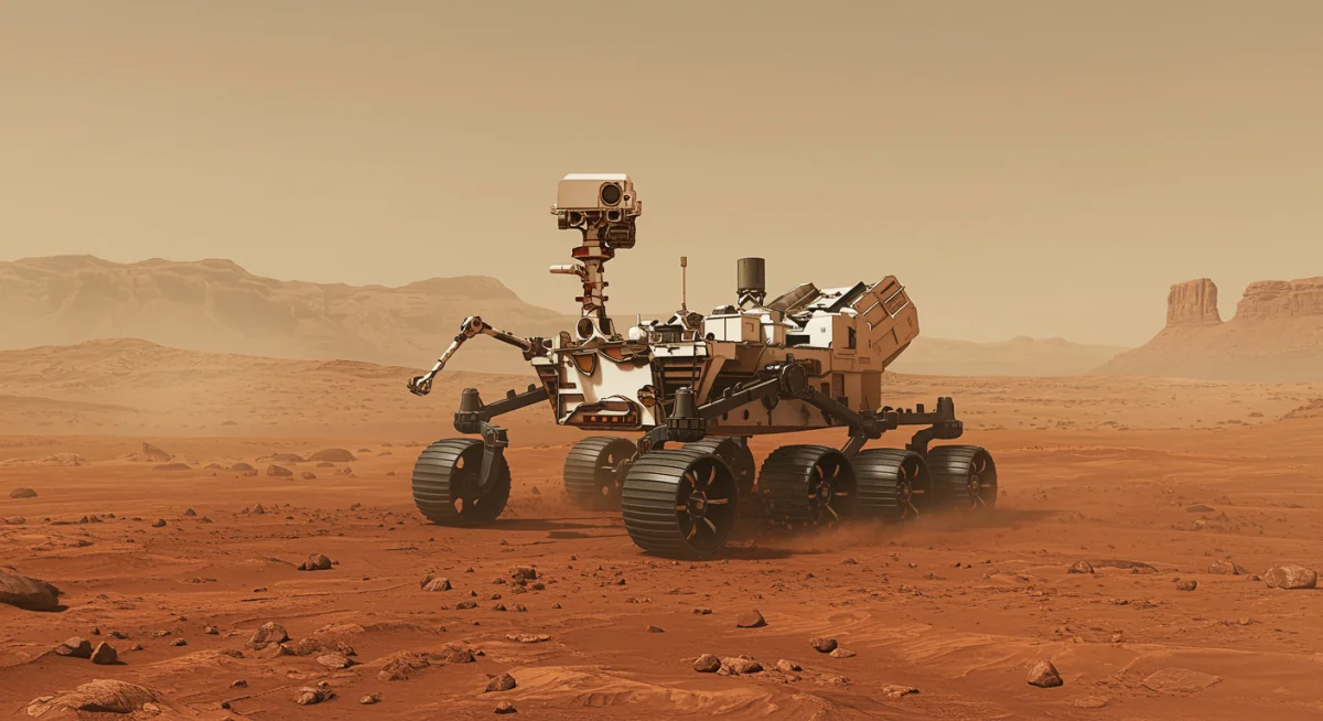 Mars rover exploring red Martian landscape with scientific instruments deployed.