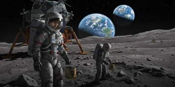 Astronauts on moon surface with Artemis lander and Earth in background, representing NASA's future lunar exploration.