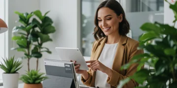 Professional woman planning PTO on tablet in modern office