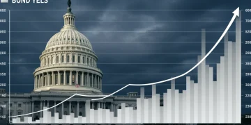 Graph showing rising US Treasury bond yields over three months with the US Capitol building in the background.