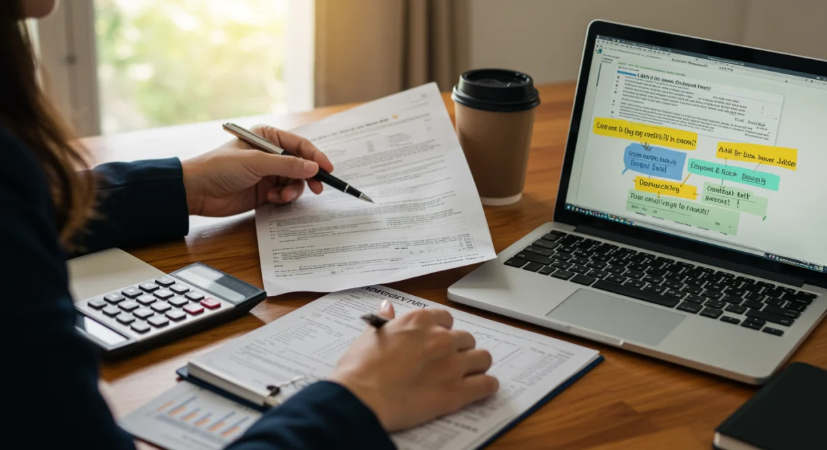 Individual analyzing tax documents and financial spreadsheets for 2026 tax planning.