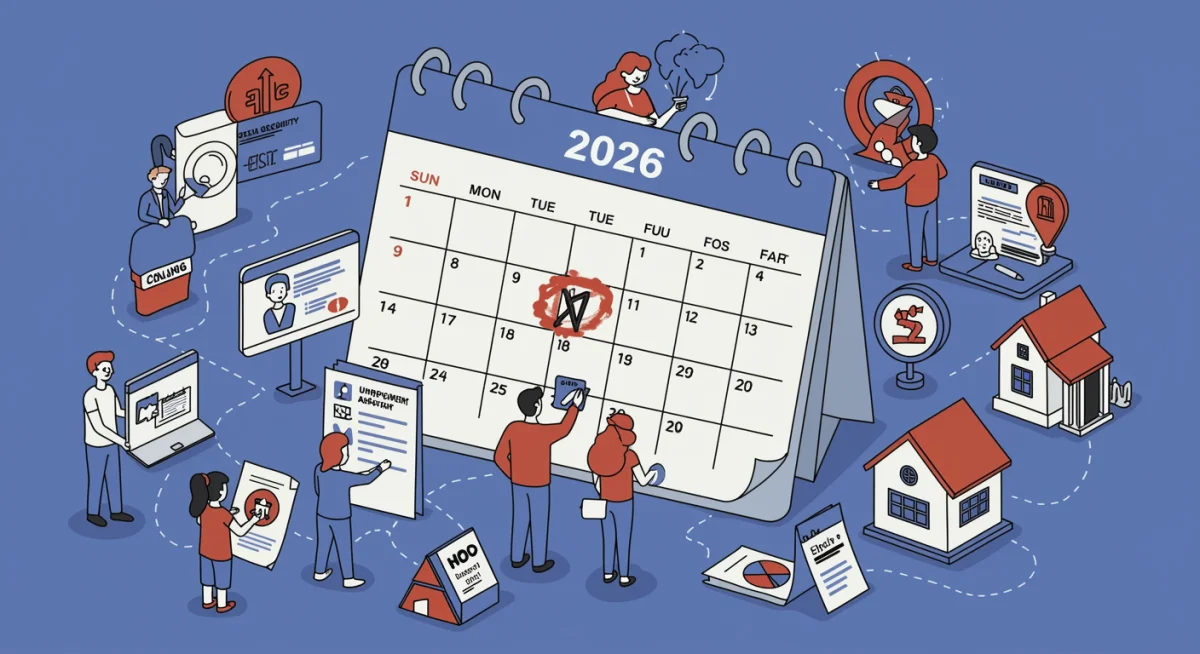 Calendar highlighting 2026 with federal benefit icons