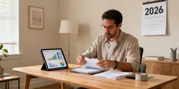 Person reviewing financial documents and digital charts for 2026 financial planning in the US.