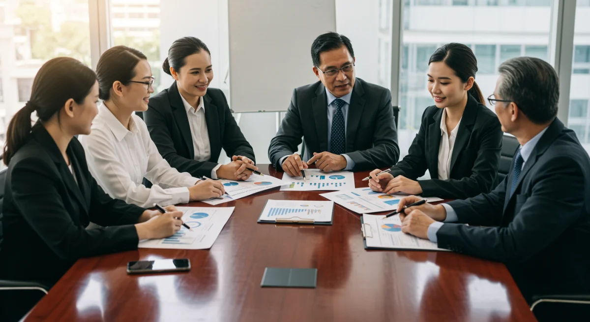 Business team discussing new regulatory frameworks and compliance strategies in a modern conference room.