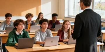 High school students earning college credits in a dual enrollment program classroom.