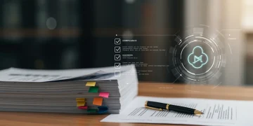 Stack of legal documents and pen on office desk, symbolizing new federal compliance requirements for businesses.