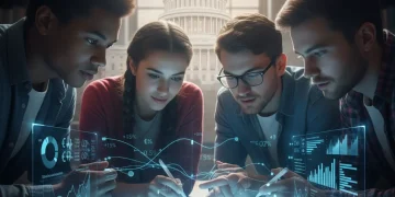 Students reviewing financial aid forecast data for 2026 on a tablet.