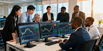 Financial professionals analyzing 2026 bond market data and treasury yields on multiple screens.