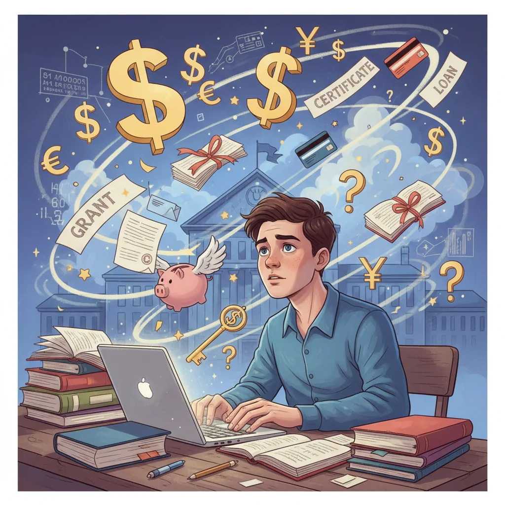 Student navigating complex financial aid options for college.