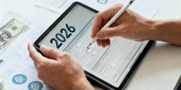 Hands filling out 2026 benefit application form on tablet