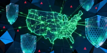 Digital representation of cyber warfare impacting the United States, illustrating a 2026 threat report.