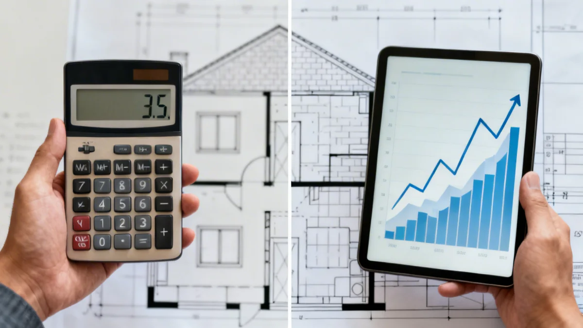 Calculator showing stable fixed rates and tablet with dynamic adjustable rates on a home blueprint.