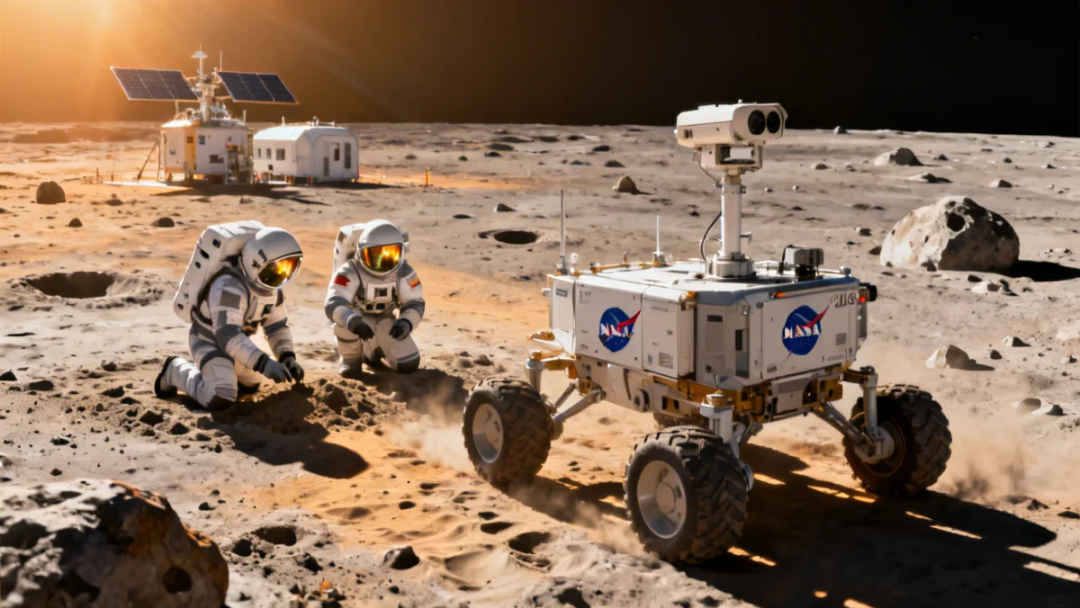 Astronauts exploring lunar surface with advanced rover and outpost