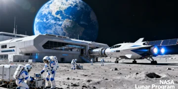 Futuristic NASA lunar base with astronauts and Earth in background