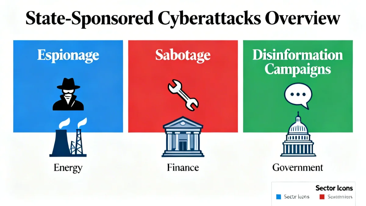 Infographic detailing various state-sponsored cyberattack methods and targeted sectors.