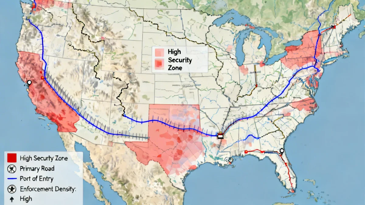 Map of US southern border with security measures and crossing points