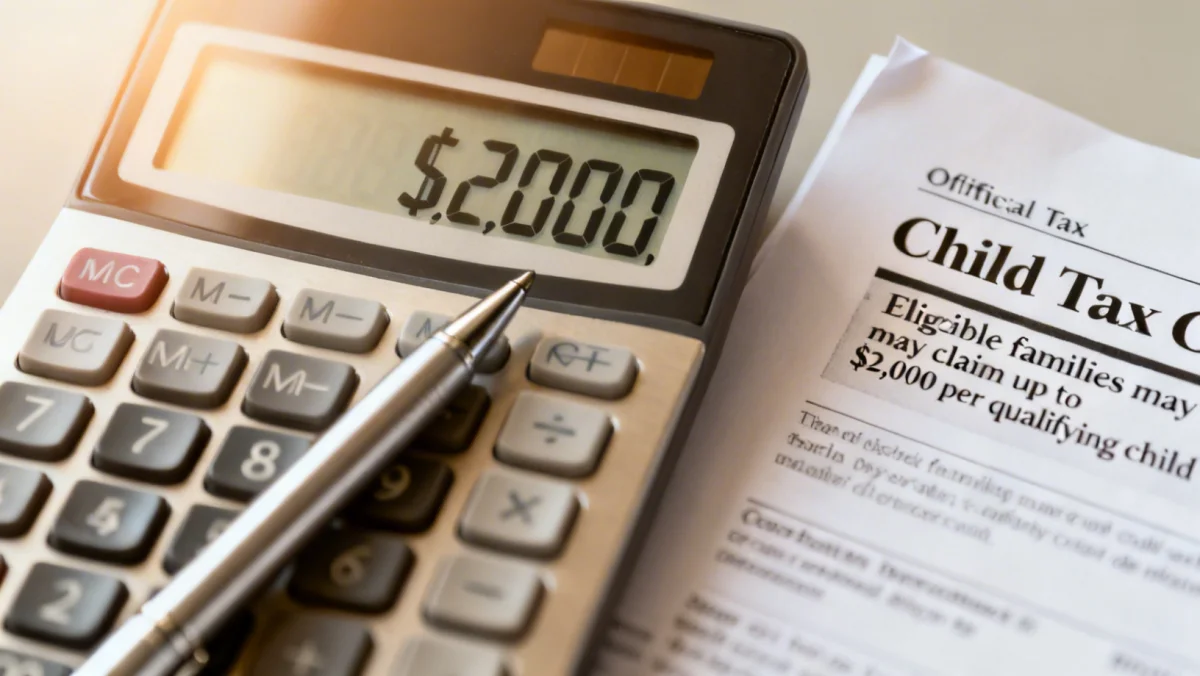 Calculator and tax documents, illustrating financial calculations for child tax credit.