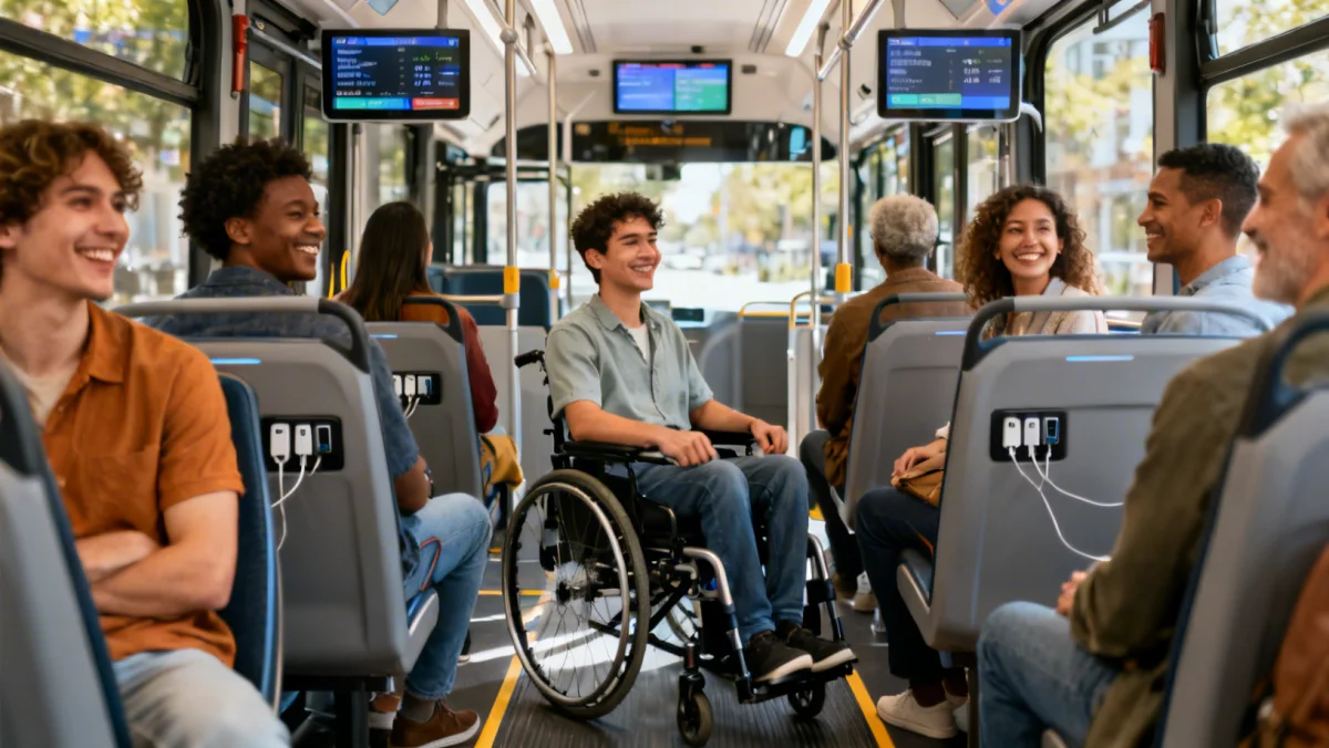 Diverse commuters enjoying a modern, accessible public transit bus.