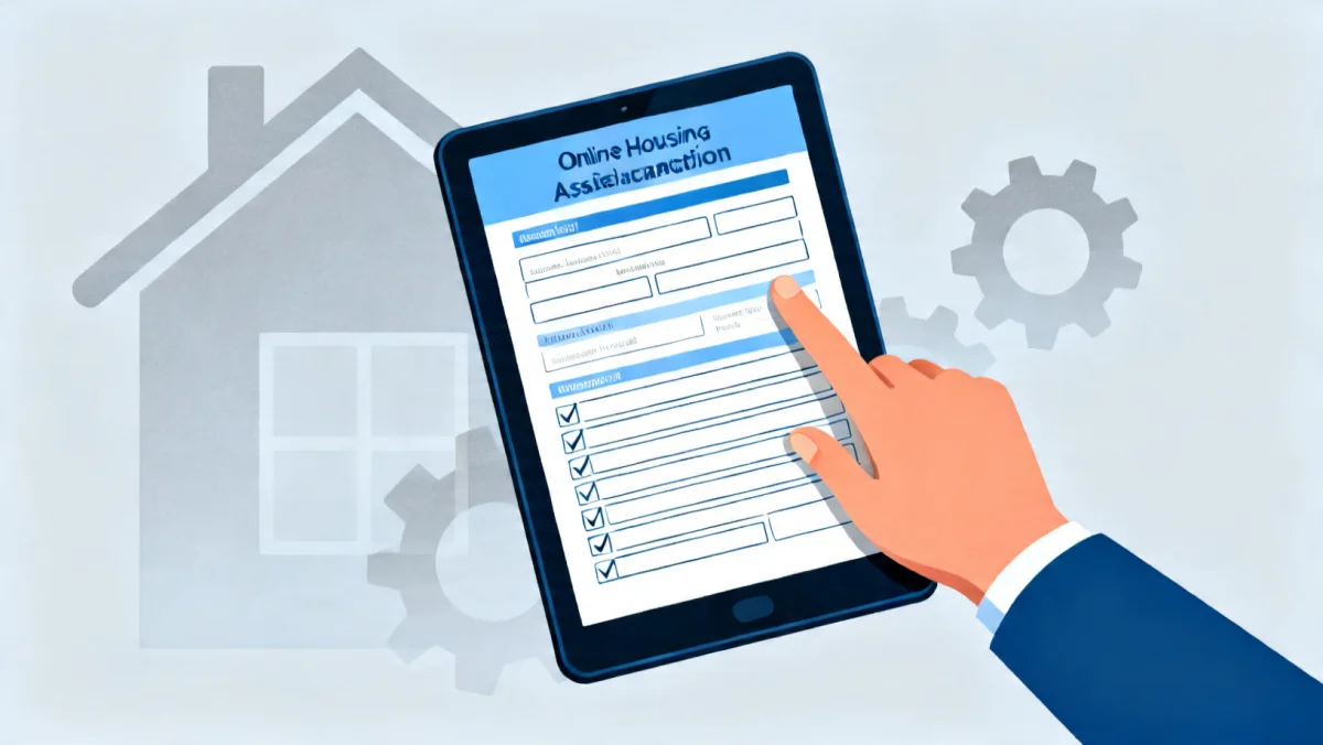Online application form for 2026 housing assistance on a tablet, illustrating digital access.