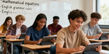US students preparing for the Digital SAT on tablets in a modern classroom setting.