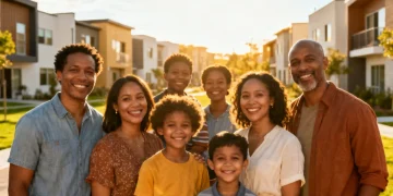 Families smiling in front of new, modern affordable housing, representing 2026 housing assistance benefits.