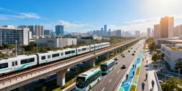 Modern city with integrated public transit, electric trains, and green infrastructure.
