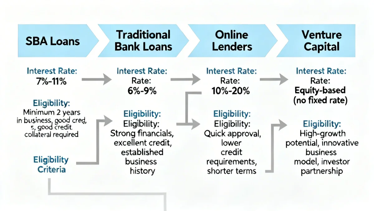 Infographic detailing various small business loan types and their characteristics in 2026